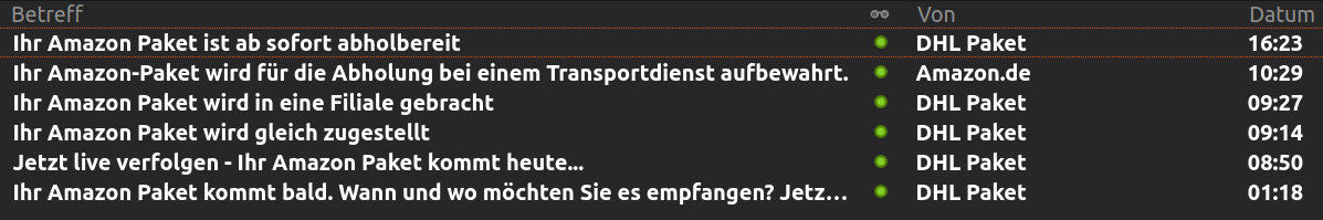 Eingegangene Mails der Amazon-Lieferung