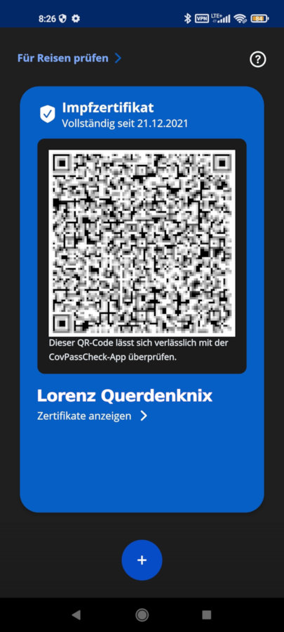 QR-Code in der COV-PASS-App