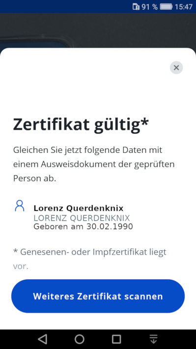 COV-PASS-CHECK-App Zertifikat geprüft