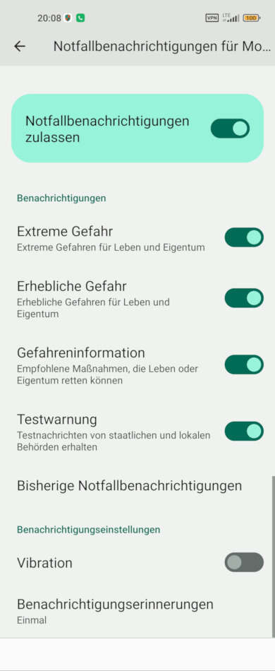Screenshot Smartphone-Notfallwarnungen