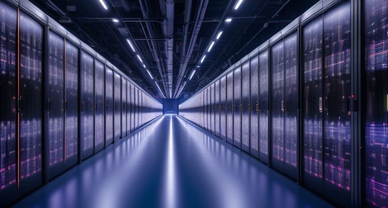Ein Gang zwischen Serverschränken eines Datenzentrums, generiert von Stable Diffusion.