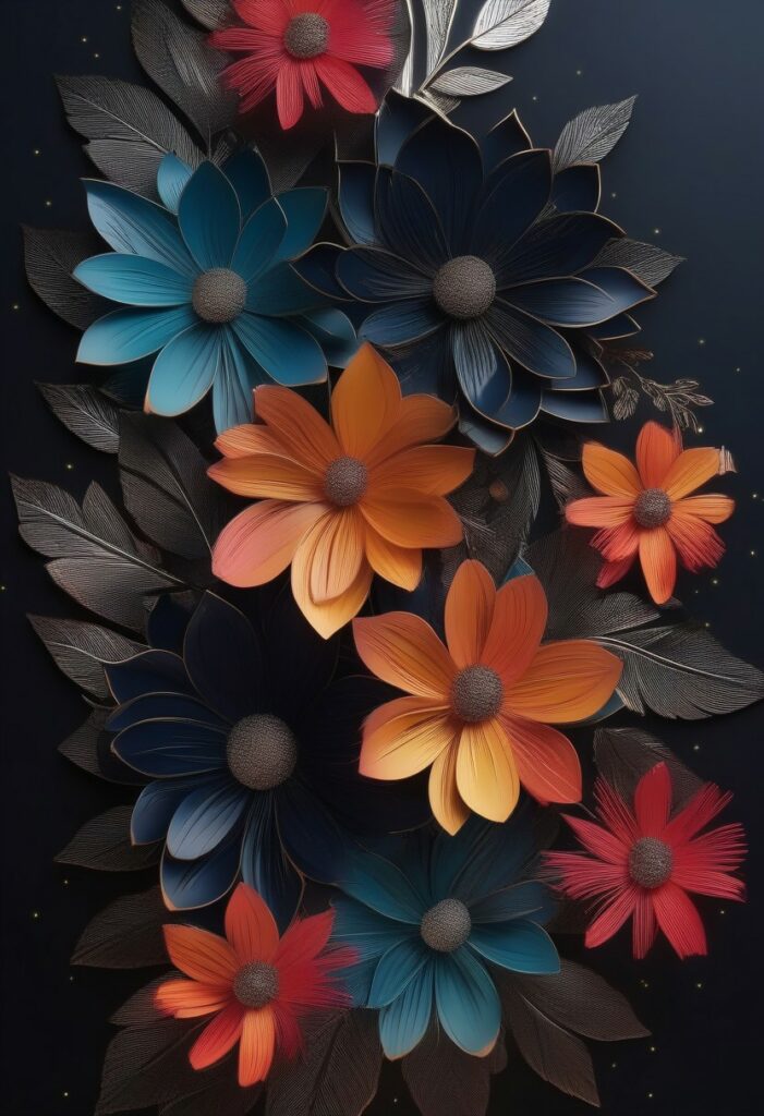Wallpaper für Tablet und Smartphone, stilisierte Blüten, dunkles Wallpaper, schwarz, bunt, Stable Diffusion