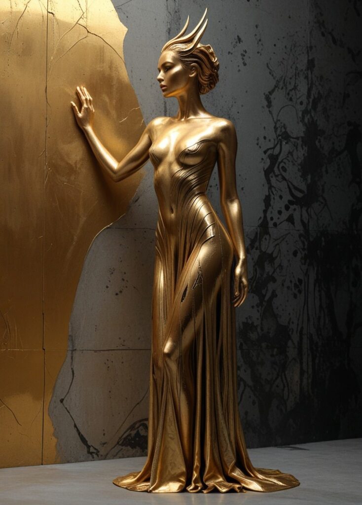 Illustrious_XL_AI, Goldene Statue, weibliche Form, vor Betonwand, eine Hand berührt einen gold gestrichenen Teil der Wand.